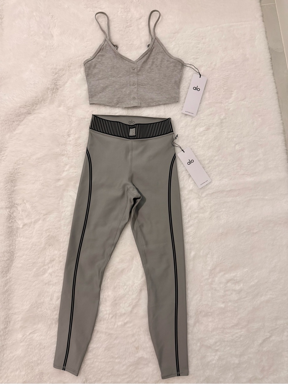 ALO Yoga Gray Leggings xxs and top tank s ribbed with Black Seam Accent